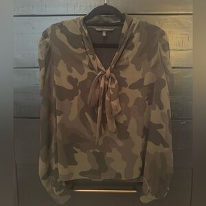 White House Black Market Olive Green and Black Camo Ruffle Long Sleeve Top